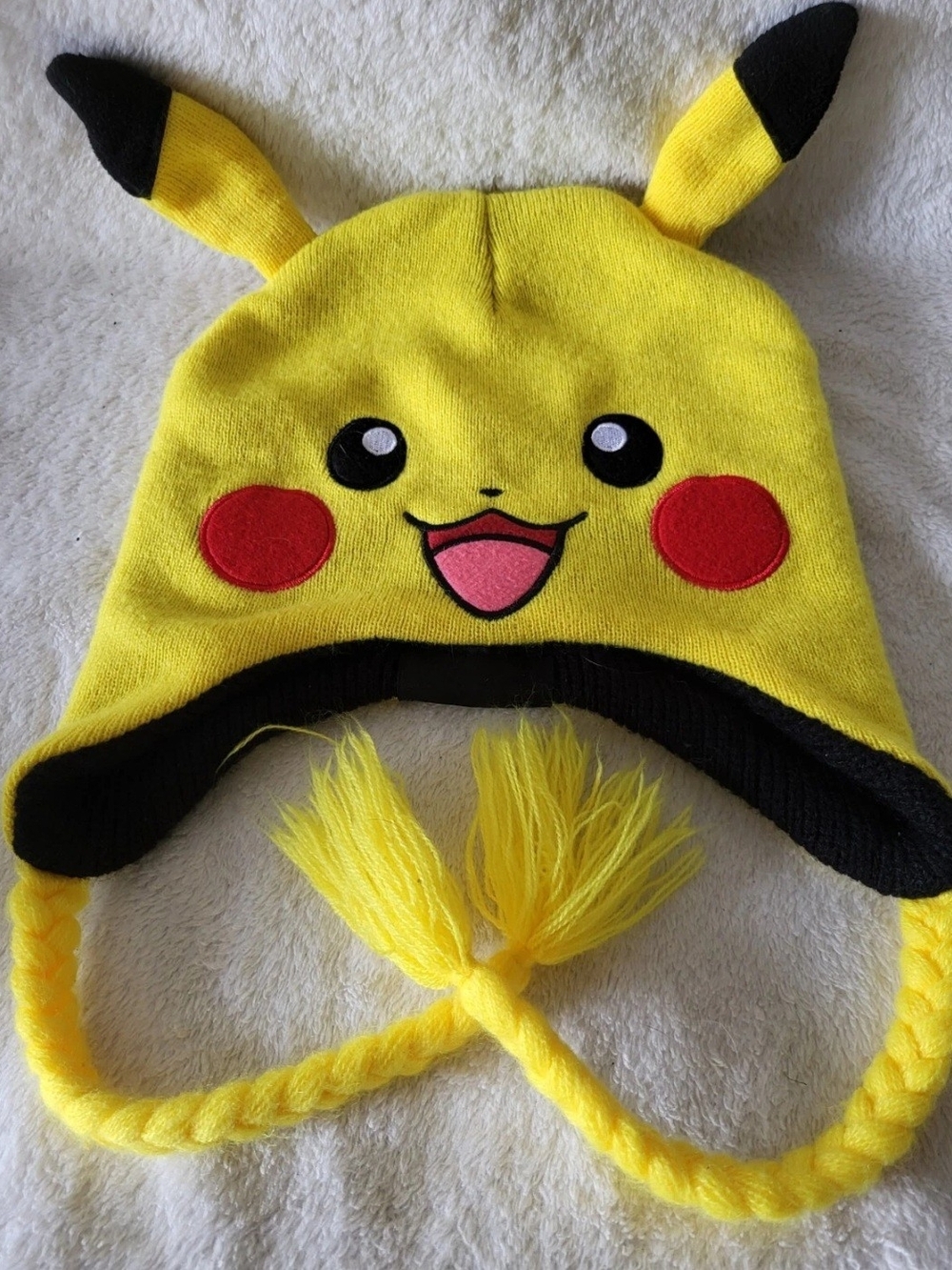 Pokemon Pikachu Face W/ Ears Knit Beanie Hat Cap Ear Flaps Tassels Adult OS